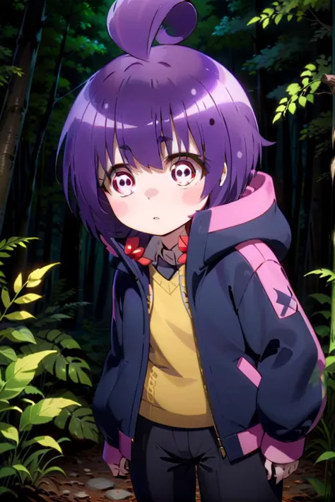 1girl named yayoi_hozuki, she has short purple hair with bangs,
Her eyes are red with a skill pattern,
she is wearing a long sleeved jacket and a white shirt,
she is standing in the forest, black pants
The soft lighting and detailed surroundings create an immersive environment where imagination runs wild hyper-detailed,hyper-detailed face, high quality visuals, dim Lighting, sharply focused, octane render, 8k UHD
 <lora:yayoi-000020:0.7>