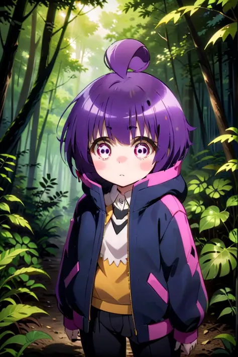 1girl named yayoi_hozuki, she has short purple hair with bangs,
Her eyes are red with a skill pattern,
she is wearing a long sleeved jacket and a white shirt,
she is standing in the forest, black pants
The soft lighting and detailed surroundings create an immersive environment where imagination runs wild hyper-detailed,hyper-detailed face, high quality visuals, dim Lighting, sharply focused, octane render, 8k UHD
 <lora:yayoi-000020:0.7>