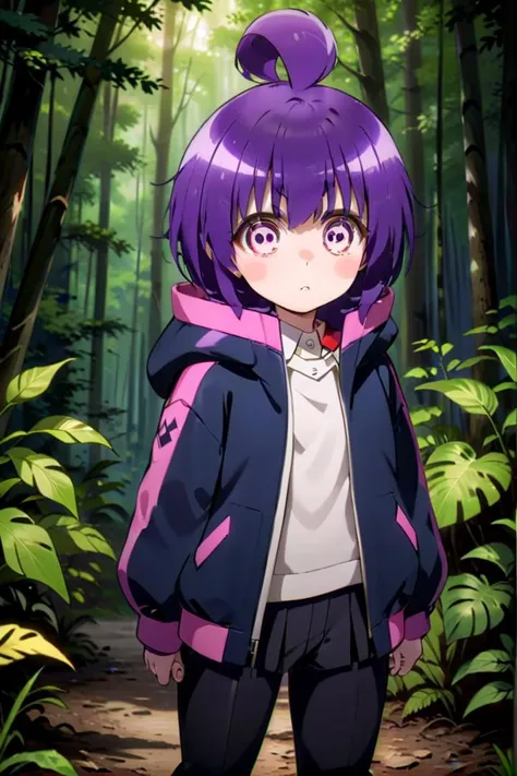 1girl named yayoi_hozuki, she has short purple hair with bangs,
Her eyes are red with a skill pattern,
she is wearing a long sleeved jacket and a white shirt,
she is standing in the forest, black pants
The soft lighting and detailed surroundings create an immersive environment where imagination runs wild hyper-detailed,hyper-detailed face, high quality visuals, dim Lighting, sharply focused, octane render, 8k UHD
 <lora:yayoi-000020:0.7>