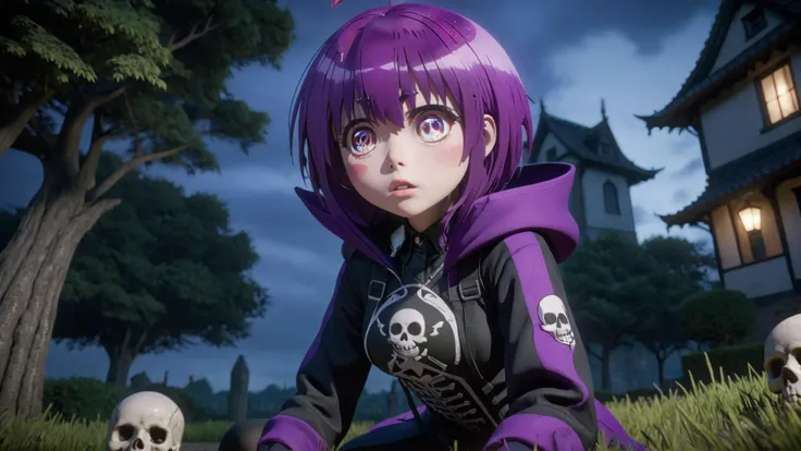 Hyper realistic, Masterpiece, Volumetric Lighting, Subsurface Scattering, Photorealistic, best quality, intricate details, tonemapping, sharp focus, hyper detailed, absurdres, highres, professional wide angle photograph, solo, 1girl, very short, 18 years old, yayoi_hozuki, short purple hair with bangs, ahoge, ((red eyes with skull pattern:1.5)), skin tight purple full body suit, midriff, purple thigh highs, purple high heels, hyper-detailed face, perfect hand anatomy, sexy expression, outdoors, night, night time, spooky otherworldly hues, intricate gothic horror costumes, fantastical gothic horror creatures, highly detailed gothic horror props, lavish gothic horror details, sweeping gothic horror vistas, embellished gothic horror architecture, surreal lighting, cinematic composition, SFW, Unreal Engine 5, Hyper realism, Hyper detailed, Vibrant otherworldly Colors, Raytraced, Dynamic Lights and Shadows, Depth, Masterpiece, Award Winning, Intricate Detail, Design, 8k, UHD, Wide Angle Shot, <lora:dark-gathering-yayoi-sdxl-v10:0.7>