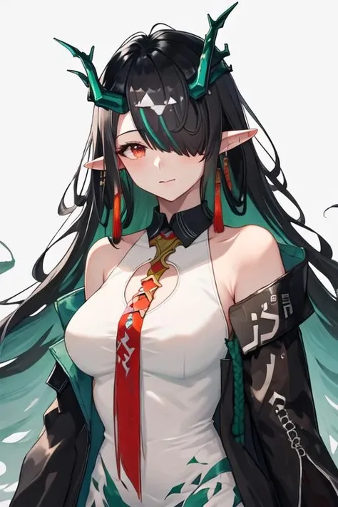 best quality, masterpiece, highres, solo, {dusk_arknights:1.15}, black_hair, horns, long_hair, pointy_ears, dragon_horns, multicolored_hair, jewelry, earrings, red_eyes, sleeveless, colored_skin, streaked_hair, breasts, dragon_girl, necktie, red_necktie, very_long_hair, green_skin, hair_over_one_eye, upper_body, green_hair, tassel_earrings, closed_mouth, 1girl, bare_shoulders, black_jacket, dress, jacket, looking_at_viewer, off_shoulder, open_clothes, open_jacket, white_dress, sleeveless_dress, medium_breasts, coat, simple_background