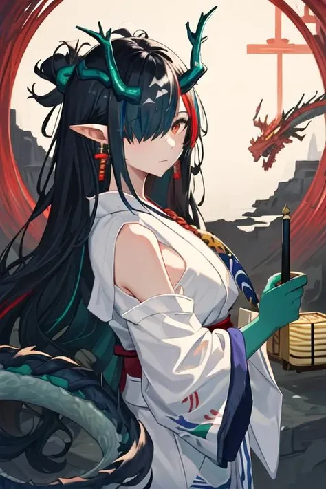 best quality, masterpiece, highres, solo, {yukata:1.40}, {kimono:1.20}, {dusk_arknights:1.15}, black_hair, dragon_horns, horns, long_hair, pointy_ears, multicolored_hair, colored_skin, jewelry, earrings, red_eyes, dragon_girl, sleeveless, breasts, very_long_hair, green_skin, tail, dragon_tail, necktie, red_necktie, streaked_hair, hair_over_one_eye, green_hair, closed_mouth, medium_breasts
