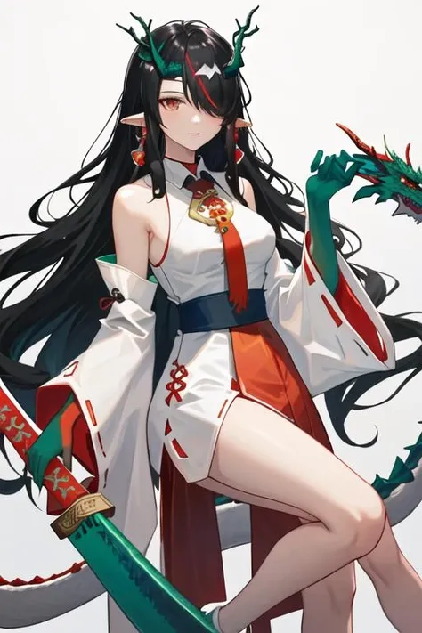 best quality, masterpiece, highres, solo, {miko attire:1.40}, {white kimono:1.20}, {red hakama:1.20}, {wide sleeves:1.15}, {dusk_arknights:1.15}, black_hair, dragon_horns, horns, long_hair, pointy_ears, multicolored_hair, colored_skin, jewelry, earrings, red_eyes, dragon_girl, sleeveless, breasts, very_long_hair, green_skin, tail, dragon_tail, necktie, red_necktie, streaked_hair, hair_over_one_eye, green_hair, closed_mouth, medium_breasts