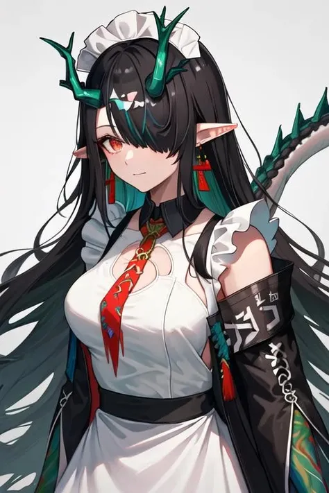 best quality, masterpiece, highres, solo, {maid:1.40}, {long maid dress:1.15}, {dusk_arknights:1.15}, black_hair, horns, long_hair, pointy_ears, dragon_horns, multicolored_hair, jewelry, earrings, red_eyes, sleeveless, colored_skin, streaked_hair, breasts, dragon_girl, necktie, red_necktie, very_long_hair, green_skin, hair_over_one_eye, upper_body, green_hair, tassel_earrings, closed_mouth