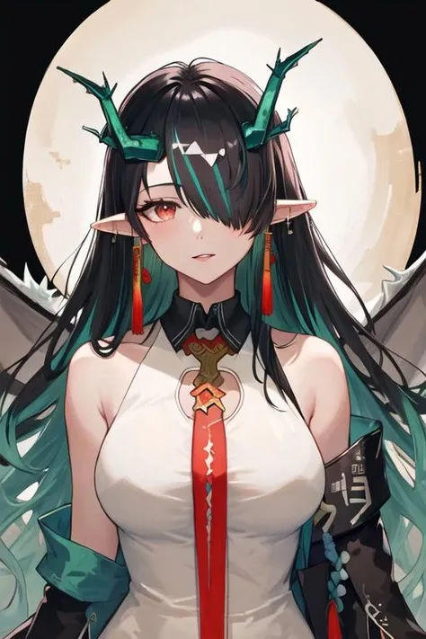 best quality, masterpiece, highres, solo, {dusk_arknights:1.15}, black_hair, horns, long_hair, pointy_ears, dragon_horns, multicolored_hair, jewelry, earrings, red_eyes, sleeveless, colored_skin, streaked_hair, breasts, dragon_girl, necktie, red_necktie, very_long_hair, green_skin, hair_over_one_eye, upper_body, green_hair, tassel_earrings, closed_mouth, 1girl, bangs, bare_shoulders, dress, looking_at_viewer, portrait, simple_background, sleeveless_dress, tassel, white_background, hair_between_eyes, official_alternate_costume, parted_lips