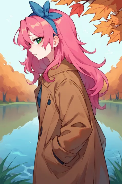 score_9, score_8_up, score_7_up, 1girl, solo, <lora:NSStylistTerraria:1> NSStylistTerraria, pink hair, long hair, green eyes, hairband, hair bow, autumn, lake, pale skin, hands in pockets, brown coat, from side, sad, looking at the viewer