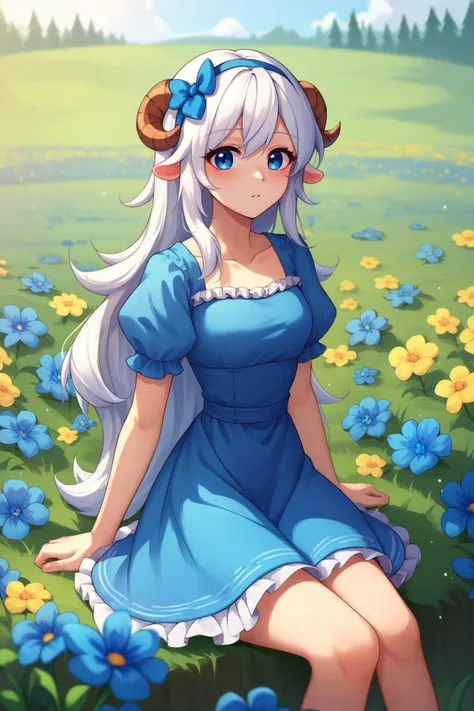 source_anime, score_9, score_8_up, score_7_up, 1girl, solo, <lora:NSStylistTerraria:1> NSStylistTerraria, white hair, long hair, blue eyes, light blue dress, frilled dress, puffy sleeves, short sleeves, flower field, blue flowers, sitting, sheep girl, sheep horns, hairband, hair bow