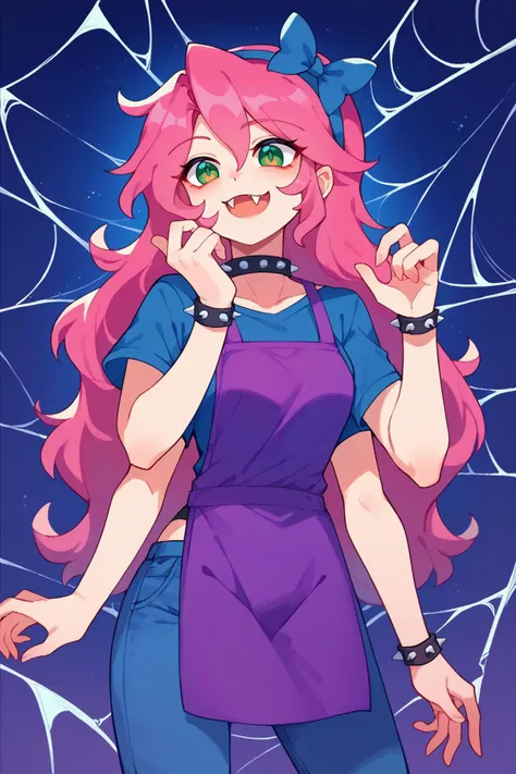 score_9, score_8_up, score_7_up, 1girl, solo, <lora:NSStylistTerraria:1> NSStylistTerraria, pink hair, long hair, green eyes, extra eyes, spider girl, multiple arms, blue shirt, purple apron, jeans, spiked collar, spiked wristband, hairband, hair bow, spider web, fangs, night, dark