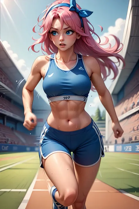 score_9, score_8_up, score_7_up, 1girl, solo, <lora:NSStylistTerraria:1> NSStylistTerraria, pink hair, long hair, hairband, hair bow, gym shorts, sports bra, jogging, motion blur, motion lines, sports stadium, outdoors, sweat