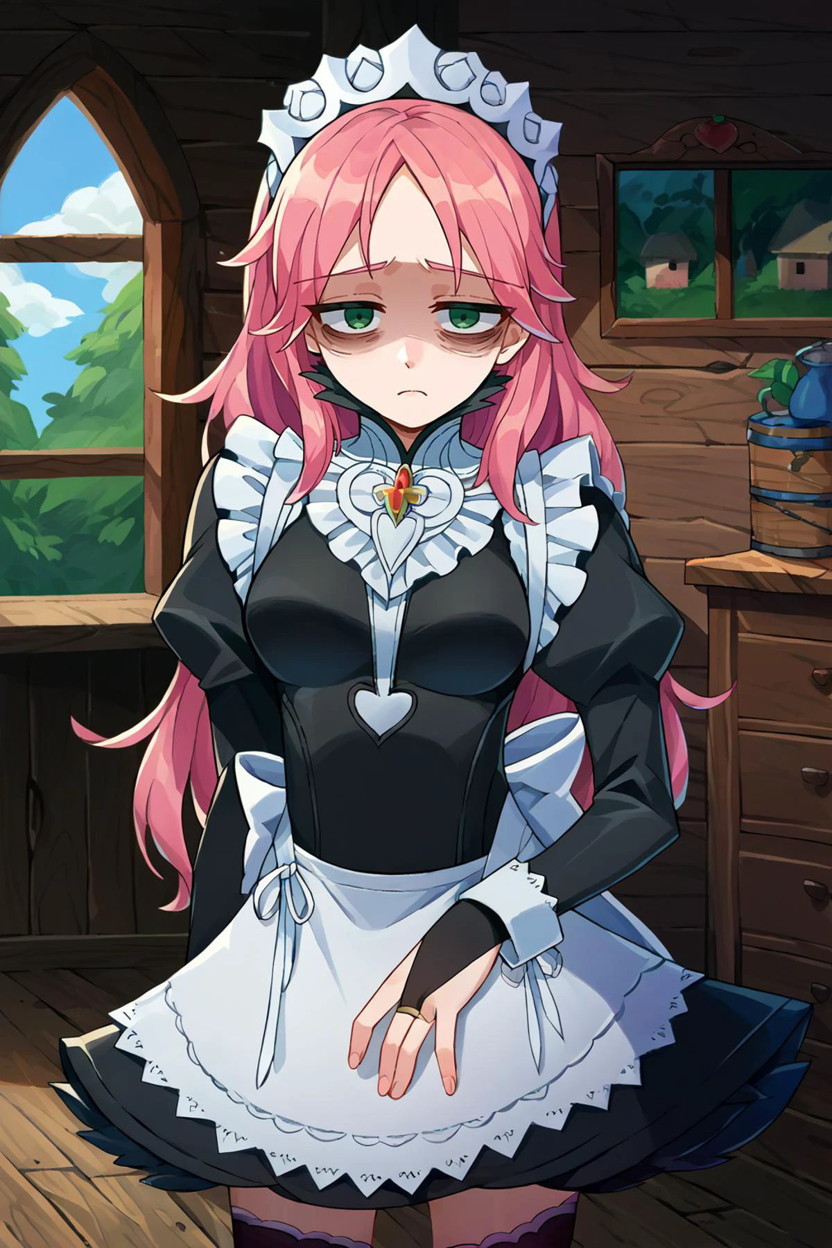 score_9, score_8_up, score_7_up, 1girl, solo, source_anime, <lora:fatesmaid-fe-richy-v1_pdxl:1> fates maid, maid headdress, maid apron, bridal gauntlets, black thighhighs, <lora:NSStylistTerraria:1> NSStylistTerraria, pink hair, long hair, green eyes, hairband, hair bow, tired, shaded face, wooden house, indoors