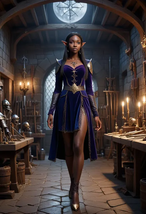 (medium full shot) of (delicate elf) young female, dark elf, dusky skin, violet eyes, lean build, sleek straight hair,             wearing a midnight blue a-line elven dress {with cinched waist  , velvet elven stockings with leaf motifs, delicate slippers, moonstone ring, gold dust freckles, leaf-shaped brooch, laughing, arms crossed,             set in  ancient castle Armory, Sturdy chamber lined with racks of gleaming weapons, suits of armor standing sentinel, a workbench cluttered with tools and metal scraps, banners hanging from the walls displaying heraldic symbols, a training area with straw dummies and wooden targets, in the moonlight Masterpiece,best quality, photorealistic, amazing quality, very aesthetic, extremely detailed face,