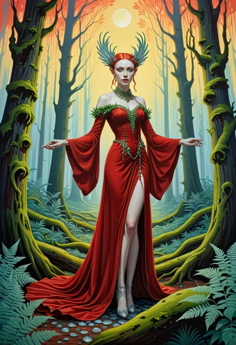 (Stunning acrylic painting by vincent Van Gogh) of a  (elf) woman,             wearing Regal crimson gown with flowing sleeves, matching stockings, embellished heels, silver circlet adorned with moonstones, silver and moonstones necklace,             set in  Ancient Fern Forest, Towering ferns reaching for the sky, ancient tree trunks covered in moss and lichen, shafts of golden sunlight piercing through the foliage, the distant call of unseen creatures echoing through the forest , at sunset award winning, very aesthetic