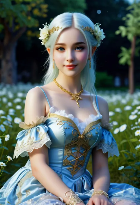 (medium full shot) of (elegant elf) young female, moon elf, light blue skin, silver eyes, graceful, floral adorned updo hair,             wearing a gold delicate lace top with ethereal patterns, layered skirt  , fitted elven stockings , knee-high boots , pearl anklet, natural blush, delicate vines woven in hair, smiling at the viewer,             set in  a starlit meadow, where the flowers seem to glow under the light of the stars and the air is cool and refreshing, filled with the scent of night-blooming flowers, ,Masterpiece,best quality, photorealistic, amazing quality, very aesthetic, extremely detailed face,