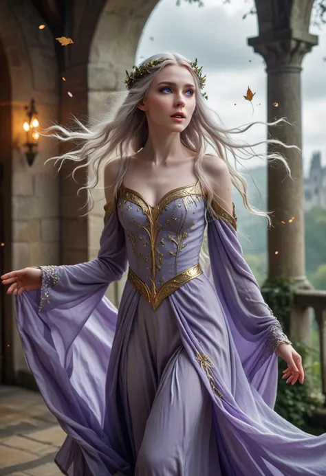 (medium full shot) of (enchanting elf) young female, ethereal elven beauty, pale skin, piercing blue eyes, slender, long flowing hair,             wearing a soft purple layered elven gown   , leaf-embroidered flats, intricate arm cuff, gold dust freckles, elven cloak, surprised, open mouth, running toward the viewer,             set in  a floating castle, suspended in the air by powerful magic and surrounded by clouds, with breathtaking views of the landscape below Masterpiece,best quality, photorealistic, amazing quality, very aesthetic, extremely detailed face,