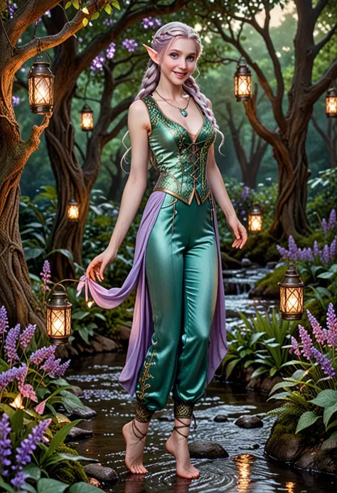 (medium full shot) of (otherworldly elf) young female, sea elf, pale green skin, blue-green eyes, fluid and graceful, fishtail braid hair, wearing a soft lavender velvet vest, brocade pants with intricate stitching, beaded shoes , vine-wrapped bracelet, shimmering eyeshadow, carrying a glowing firefly lantern, laughing, jumping in the air, set in elf village, Enchanted Grove, Serene clearing with lush foliage, shimmering fairy lights weaving through the branches, delicate flowers blooming in vibrant hues, a mystical aura lingering in the air, a small crystal-clear stream meandering through the center, during a sunset Masterpiece,best quality, photorealistic, amazing quality, very aesthetic, extremely detailed face,