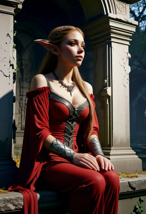 (medium full shot) of (radiant elf) young female, forest elf, tan skin, hazel eyes, agile build, half-up half-down hair,             wearing a ruby red sheer top , flowing elven trousers, knee-high boots with leaf patterns, vine-wrapped bracelet, shimmering eyeshadow, leaf-shaped brooch, laughing, squatting,             set in  ancient cemetery Mausoleum, Shadowy chamber with crumbling stone walls adorned with cobwebs, marble sarcophagi standing sentinel, flickering candlelight casting eerie shadows, a musty scent of decay lingering in the air, in the moonlight, ,Masterpiece,best quality, photorealistic, amazing quality, very aesthetic, extremely detailed face,