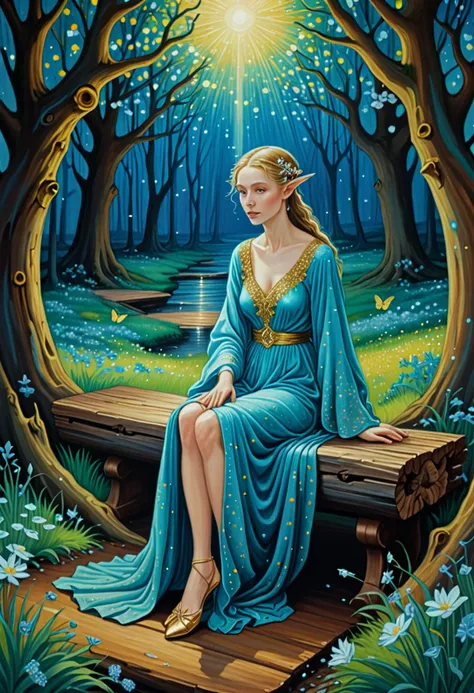 (Stunning acrylic painting by vincent Van Gogh) of a  (elf) woman,             wearing Ethereal blue robe with celestial patterns, iridescent stockings, silver ballet flats, gold diadem set with emeralds, silver and moonstones necklace,             set in  Sprite Sanctuary, Hidden dell with a rustic wooden bench carved from a fallen log, a sparkling crystal fountain bubbling in the center, delicate butterfly chairs scattered around, luminescent glowworms lighting the path, a secret door leading to unseen wonders  award winning, very aesthetic