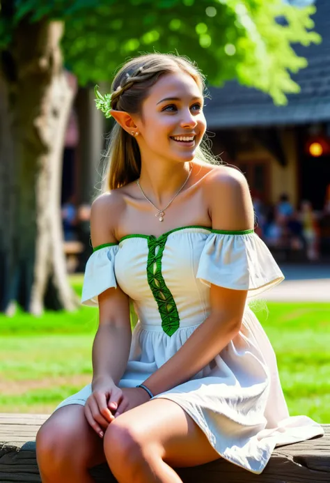 (medium full shot) of (graceful elf) young female, woodland elf, tan skin, green eyes, athletic build, half-up half-down hair,             wearing a pearl white strapless elven dress   , delicate slippers, elven ear cuffs, shimmering eyeshadow, intricate armband, laughing, arms crossed,             set in  medieval Town Square, Open space bustling with activity, children playing tag on the grass, a well with a bucket dangling from a rope, benches shaded by leafy trees, a patch of herbs growing near the edge, a wooden stage set up for performances, ,Masterpiece,best quality, photorealistic, amazing quality, very aesthetic, extremely detailed face,