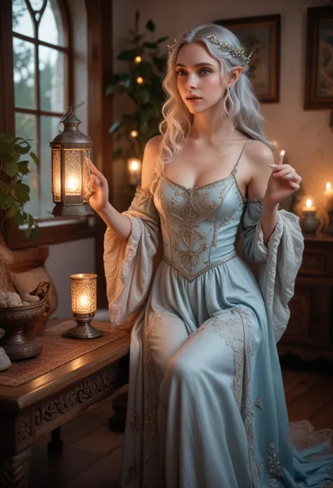((fashion photography)), perfect face, perfect eyes, (medium full shot) of (delicate elf) young female, Medium, moon elf, light blue skin, silver eyes, loose curls hair, wearing a silver square neck elven gown with intricate neckline , leaf-embroidered flats, gemstone pendant necklace, natural blush, carrying a glowing firefly lantern, set in Elfic Living Room, Cosy space with a crackling fireplace, intricately carved wooden furniture, plush cushions adorned with intricate embroidery, delicate elven artwork adorning the walls, a soft rug made of natural fibers , during a sunset, surprised, open mouth, pointing her finger at the viewer, masterpiece, best quality, photorealistic, very aesthetic