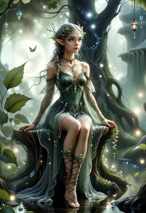 illustration, (ethereal elf) young female, slender build, woodland elf, tan skin, green eyes, braided crown hair, wearing a silver lace-up bodice, layered chiffon skirt with geometric patterns , woven elven stockings with delicate patterns, delicate slippers, gemstone pendant necklace, shimmering eyeshadow, crystal tiara, set in Elven Bower, Mystical glade adorned with intricate ivy-woven furniture, a grand tree stump table surrounded by ethereal leaf chairs, a delicate fairy lamp hanging from a branch, shimmering fireflies dancing in the air, a gentle breeze carrying the scent of wildflowers, in the moonlight, illusion, black ink, washed-out, ink smears, ink splashes, intricate details, ultra sharp, Exquisite detail, flawless composition, masterpiece, monochrome