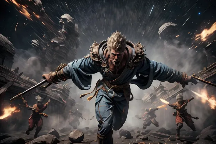 DUNHUANG,DUNHUANG BACKGROUND,
<lora:BlackMonkeyKing_v01:0.6>, black monkey king,1boy,solo,robe,hood up, beating monster,
<lora:Hyakuretsukyaku-10:0.3> Hyakuretsukyaku, kicking, motion blur,
<lora:Line_LoRA:0.1>emphasis lines,motion lines, motion blur,
evenly mix races in same proportions, all faces and pictures must be different, use all spectre of your different emotions from happiness to anger, do what you want and how you want,
abstract dream, space, intricate, grand scale, alone, cinematic film still, insane detail, sharp focus, depth of field, realistic lighting, (realistic perspective), complex, (multiple subjects), 4k HDR,
<lora:add_detail:0.5> <lora:more_details:0.25> <lora:FantasyWorldV1:0.25>