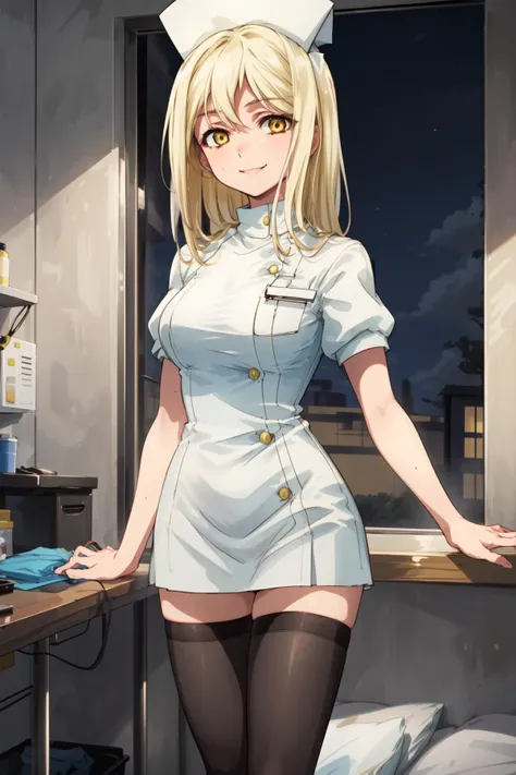 masterpiece,best quality,low saturation,1girl,mature female,takano miyo,Miyo,blonde hair,yellow eyes,nurse attire,nurse cap,thighhighs,evil smile,hospital interior,midnight,<lora:CHAR-Higurashi-Takano Miyo-SOSDAN:0.8>,