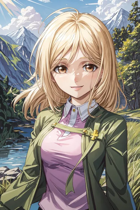 (masterpiece),best quality, <lora:MiyoTakano:0.80>, miyo, ribbon, cross, pink blouse, green jacket, ((portrait)), country road, fields, river, mountain, sunlight, smile, walking, <lora:Adddetail:0.8>