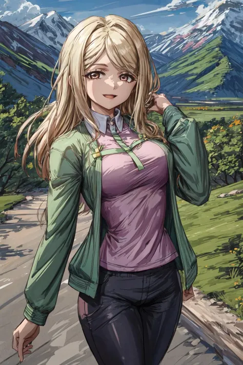 (masterpiece),best quality, <lora:MiyoTakano:0.75>, miyo, ribbon, cross, pink blouse, green jacket, pants, delighted smile, outside,moutain, ((crazy eyes)),<lora:Adddetail:0.8>