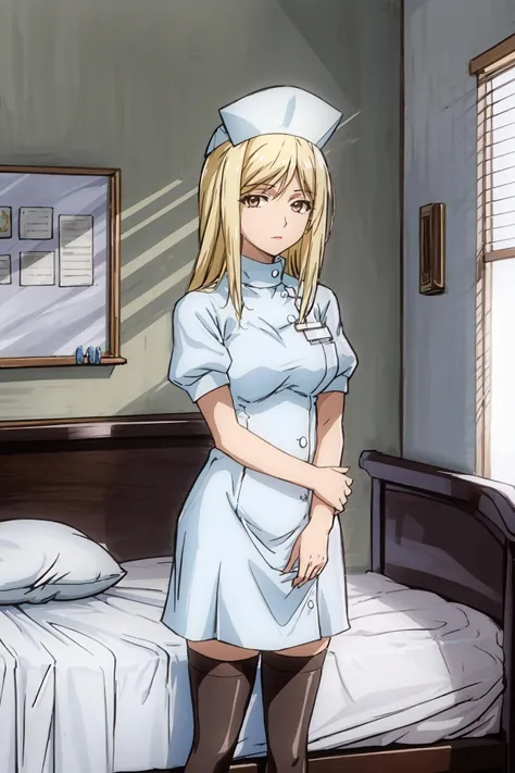 (masterpiece),best quality, <lora:MiyoTakano:0.85>, miyo, nurse attire, nurse cap, thighhighs, standing, school nursery, bed, bed curtain, school infirmary, school, windows, sunlight, looking at the viewer, <lora:Adddetail:0.8>