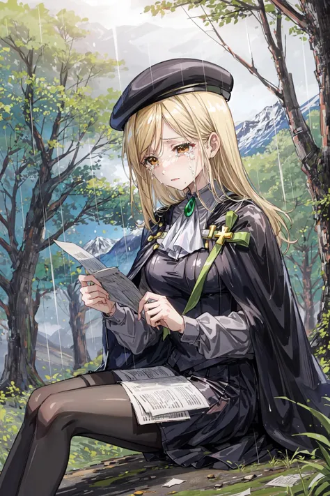 (masterpiece),best quality, <lora:MiyoTakano:0.8>, Miyo, ascot, uniform, black skirt, ribbon, cross, emerald, beret, cape, holey pantyhose, sitting, on ground, broken, (crying:1.2), dirty, mountain, forest, dense forest, rains, raining, mist, papers on ground,<lora:Adddetail:0.8>