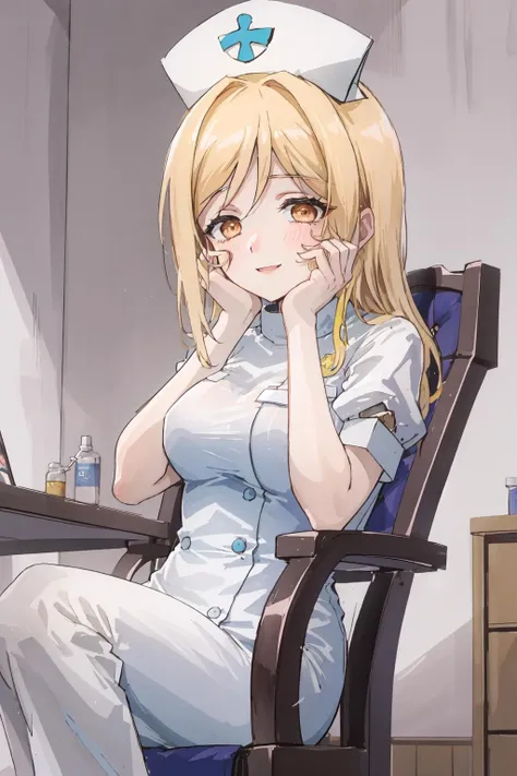 (masterpiece),best quality, <<lora:MiyoTakano:0.85>>, Miyo, nurse attire, nurse cap, persistent stare, school infirmary, sitting, syringe, chair, bed, looking at the viewer, <lora:yandere_trance:0.7>, yandere trance, yandere, hands on own face,hands on own cheeks, blank eyes, blush, large smile, yandere smile, <lora:constricted_pupils_v0.2a:0.7>, constricted pupils
