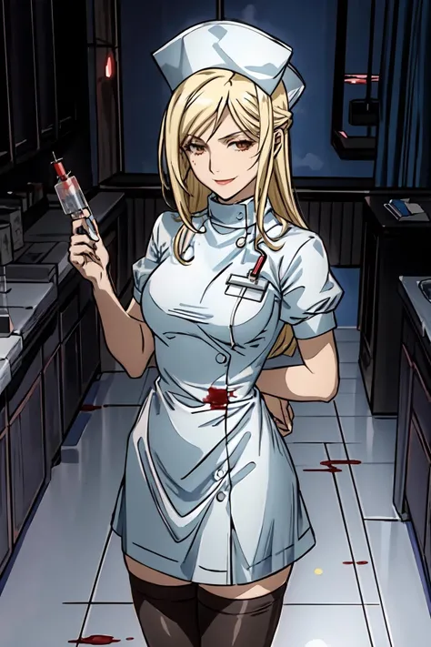 (masterpiece),best quality, <lora:MiyoTakano:0.8>, Miyo, nurse attire, thighhighs, nurse cap, holding syringe, creepy smile, ((medical laboratory)), dark room, ((gloomy ambiance)), (evil:1.2), (blood), stretcher,<lora:Adddetail:0.8>
