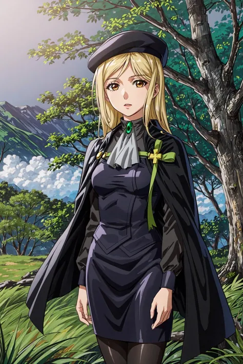 (masterpiece),best quality, <lora:MiyoTakano:0.9>, Miyo, ascot,uniform, black skirt, cross, ribbon, emerald, beret, cape, pantyhose, bare tree, bush, night, fog, forest, grass, nature, outdoors, plant, scenery, solo, standing, tree,<lora:Adddetail:0.8>