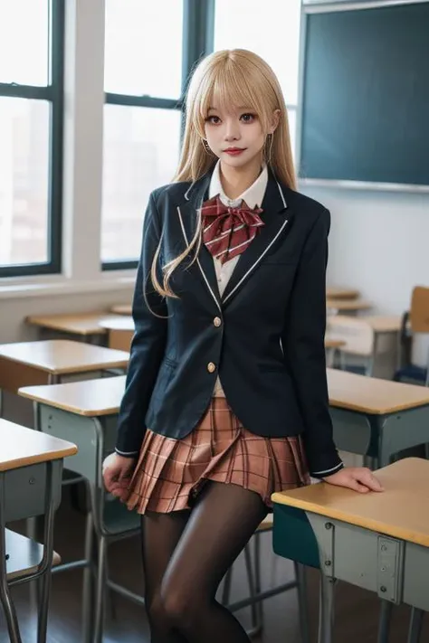 ltra-detailed,highly detailed,best quality,masterpiece,illustration,realistic,photorealistic,
shiina mahiru,xiaofu, 1girl, solo, cosplay,
school uniform,collared shirt, blazer, bowtie, plaid pleated skirt, pantyhose, crossdressing,
very long hair, blonde hair, bangs,
looking at viewer,
photo inset, reference inset, indoors,classroom,
<lora:shiina mahiru xiaofu_v1_05:0.7>