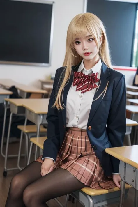 ltra-detailed,highly detailed,best quality,masterpiece,illustration,realistic,photorealistic,
shiina mahiru,xiaofu, 1girl, solo, cosplay, 
school uniform,collared shirt, blazer, bowtie, plaid pleated skirt, pantyhose, crossdressing, loafers, 
very long hair,  blonde hair, bangs, 
looking at viewer, 
photo inset,  reference inset, indoors,classroom,  
 <lora:shiina mahiru xiaofu_v1_05:0.7>
