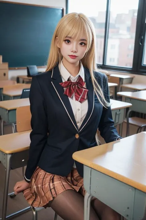 ltra-detailed,highly detailed,best quality,masterpiece,illustration,realistic,photorealistic,
shiina mahiru,xiaofu, 1girl, solo, cosplay,
school uniform,collared shirt, blazer, bowtie, plaid pleated skirt, pantyhose, crossdressing, loafers,
very long hair, blonde hair, bangs,
looking at viewer,
photo inset, reference inset, indoors,classroom,
<lora:shiina mahiru xiaofu_v1_05:0.7>