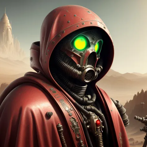 best quality, atmospheric scene, martian surface, dust, bokeh, tech priest of mars, detailed face, detailed eyes, looking at viewer, portrait of old man with ((ornate red hood and robes)), heavy brush strokes, [[gas mask]], pauldrons, backpack, mechanical arms, holding staff, servitor skull, grimdark, warhammer 40k, adeptus mechanicus, <hypernet:mechanicus_v10:0.4>, by Tsutomu Nihei, by John Blanche