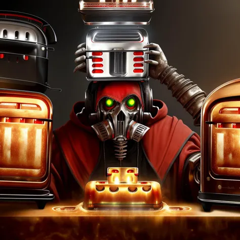 best quality, atmospheric scene, martian surface, dust, bokeh, tech priest of mars, detailed face, detailed eyes, looking at viewer, portrait of old man with ((ornate red hood and robes)) (((((holding up a toaster above head))))),  heavy brush strokes, [[gas mask]], green eyes, pauldrons, backpack, mechanical arms, holding staff, servitor skull, silk texture, grimdark, warhammer 40k, adeptus mechanicus, <hypernet:mechanicus_v10:0.4>, by Tsutomu Nihei, by John Blanche