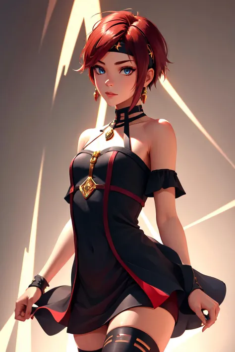 Highly detailed, High Quality, Masterpiece, beautiful, feroy, headband,<lora:Char_FireEmblem_Roy:0.9>, Thorn Princess Outfit, black dress, thighhighs, <lora:Outfit_ThornPrincess:0.5>, 1boy, short hair,