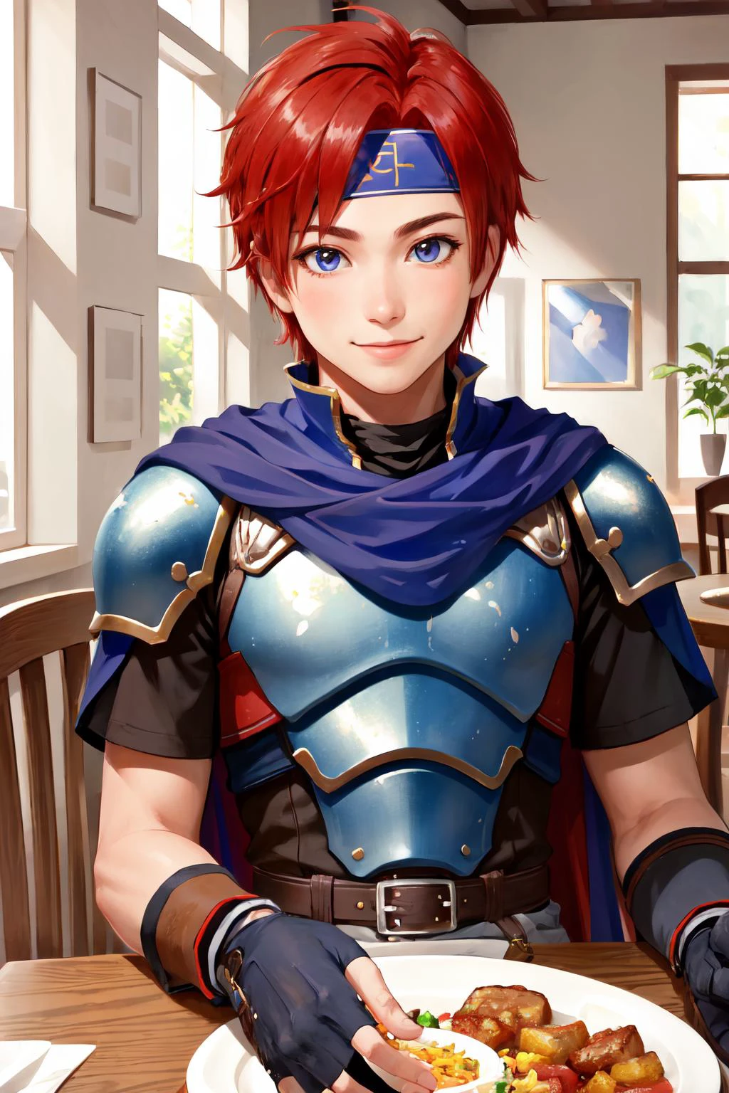 Highly detailed, High Quality, Masterpiece, beautiful, feroy, headband, cape, armor, blue tunic, belt, fingerless gloves, white pants, boots, <lora:Char_FireEmblem_Roy:0.8>, food, simple background, elbows on table, cup, blurry background, indoors, upper body, <lora:Pos_AcrossTable:1>, light smile,