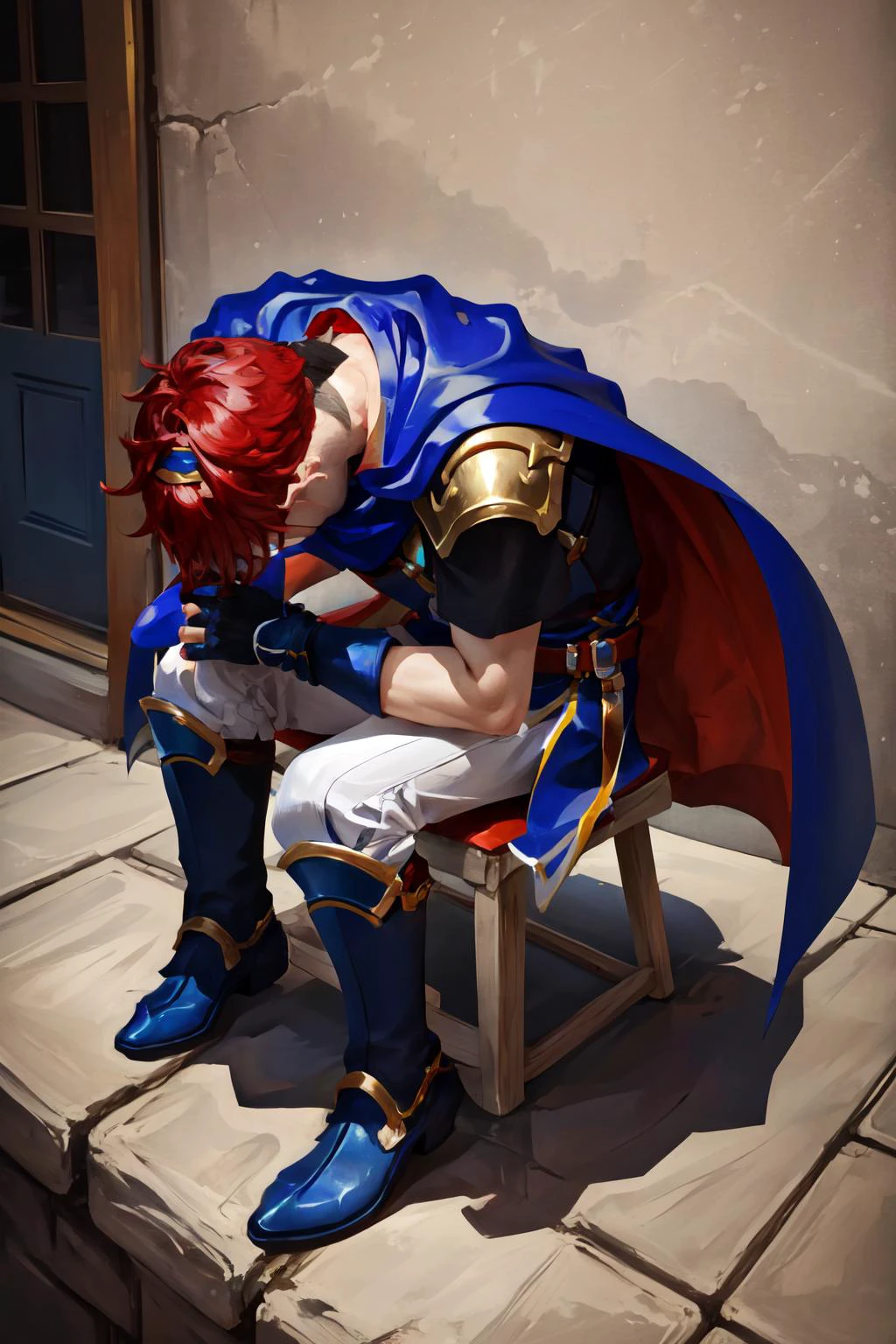 Highly detailed, High Quality, Masterpiece, beautiful, shinjichair, sitting, head down, <lora:Pos_ShinjiChair:1>, feroy, headband, cape, armor, blue tunic, belt, fingerless gloves, white pants, boots, <lora:Char_FireEmblem_Roy:0.8>