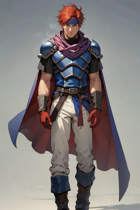 best quality, Mature male, looking over one shoulder, <lora:roy-nvwls-v1-final:.8> feroy, headband, cape, armor, blue tunic, belt, fingerless gloves, white pants, boots