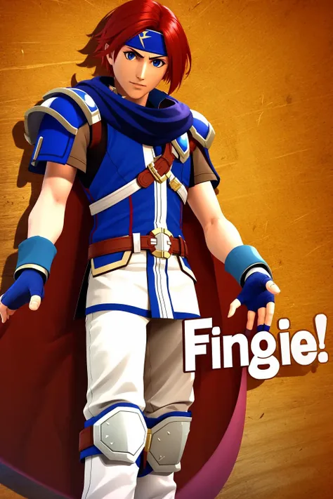masterpiece, best quality, feroy, headband, cape, armor, blue tunic, fingerless gloves, white pants, english text, SSBUSplashArt <lora:roy-nvwls-v2:0.7> <lora:SSBUSplashArt:1>