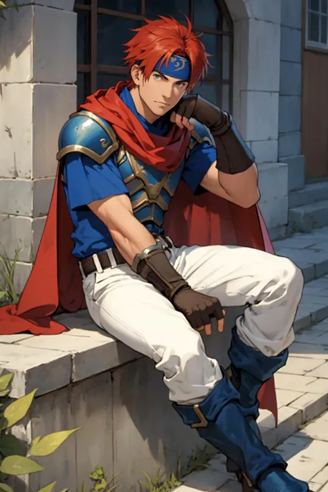 best quality, Mature male, propped up on one hand (sitting or standing), <lora:roy-nvwls-v1-final:.8> feroy, headband, cape, armor, blue tunic, belt, fingerless gloves, white pants, boots