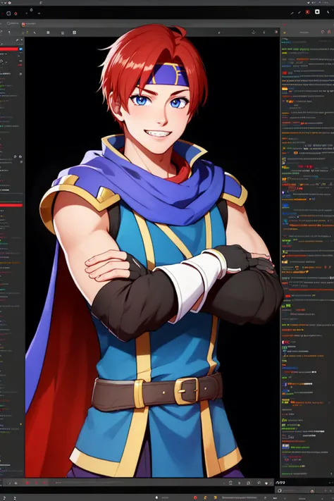 (masterpiece, best quality:1.2), <lyco:TwitchChat:1.0>, <lyco:roy-nvwls-v1-final:0.8>, twitchchat, solo, male focus, 1boy, feroy, grin, looking at viewer, crossed arms, headband, cape, armor, blue tunic, (fingerless gloves:1.1)