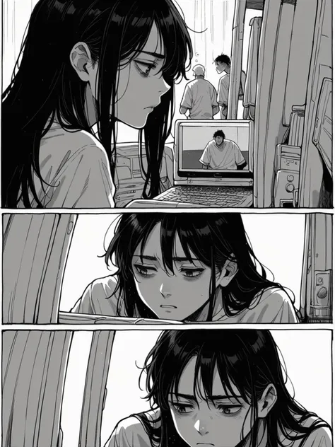 score_9, score_8_up, score_7_up, score_6_up, m4ng4, manga, monochrome, greyscale, (long hair:1.2), 1boy, comic, <lora:m4ng4XLP:1> panels, black hair, tired, computer