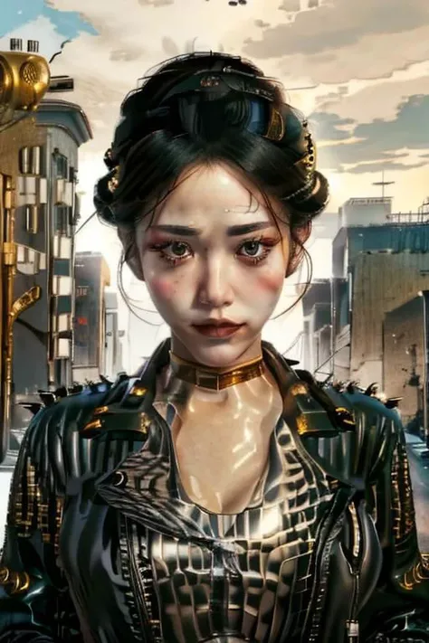 (camera two shot | multiview), 1 adult woman, stoic facial expression,
CyberHanako, sharp focus,
spltc with spikes, wearing A leather jacket with spikes,
detailed clothing, whimsical composition, 8k