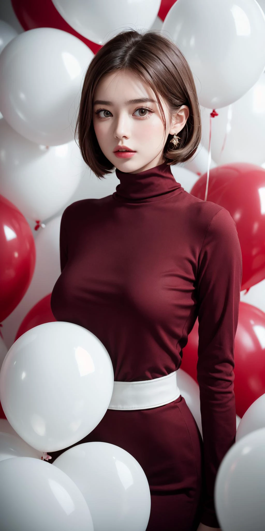 masterpiece, best quality, highly detailed background, perfect lightingbest quality,fashion portrait photo of beautiful young woman from the 60s wearing a red turtleneck standing in the middle of a ton of white balloons, taken on a hasselblad medium format camera