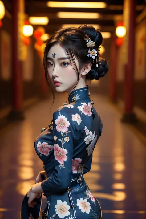 (((masterpiece))), (((best quality))), (((half body photo))), (((fighting on night alley))), (((raise kick))), solo, 1girl, (((complex pattern floral navy blue qipao))), twinbun, hairclip, huge tits, Indifference, <lora:tangfengspabelleV2:0.65>