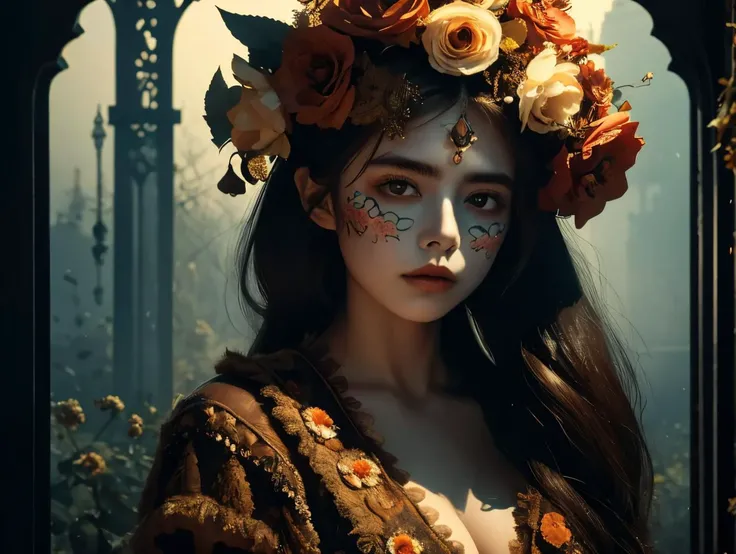 masterpiece, best quality, highly detailed background, perfect lightingbest quality,<lora:Katrina_V1:0.9> masterpiece, best quality, volumetric lighting, young woman in xyzgg style, Canterbury Bells, intricate details, looking at viewer, A desolate, fog-covered moor, with an eerie sense of isolation background